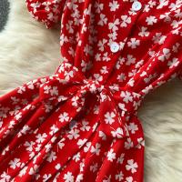 Vestido Midi Elegante De Verano Para Mujer Con Cuello En V Estampado Floral Manga Acolchada Cintura Alta Botones Vestido De Playa Rojo/Amarillo/Negro - details 27