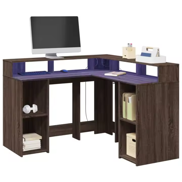 vidaXL Escritorio con luz LED madera ingeniería artisian 130x130x91 cm en color artisian oak/Roble Sonoma/Marrón roble | estructura resistente ideal para salón dormitorio o estudio - 1
