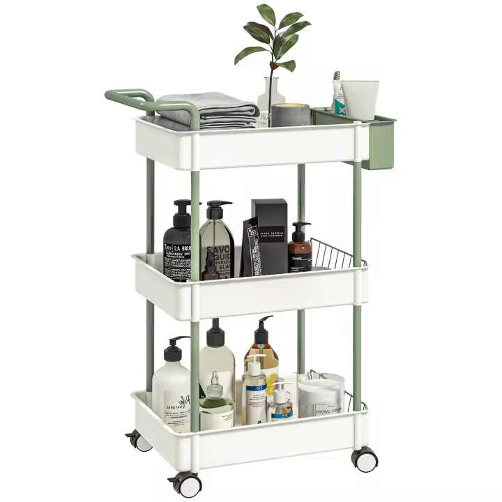 HOMCOM Carrito de Almacenamiento de 3 Niveles Carrito de Cocina con Asa y Caja Extraíble para Salón Comedor Oficina Baño 50x29,4x77 cm Blanco - 1