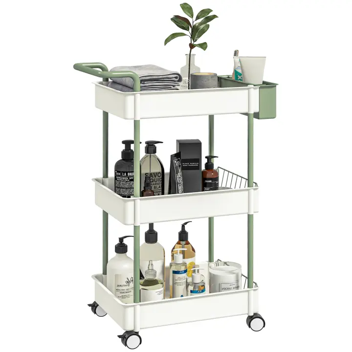HOMCOM Carrito de Almacenamiento de 3 Niveles Carrito de Cocina con Asa y Caja Extraíble para Salón Comedor Oficina Baño 50x29,4x77 cm Blanco - 1