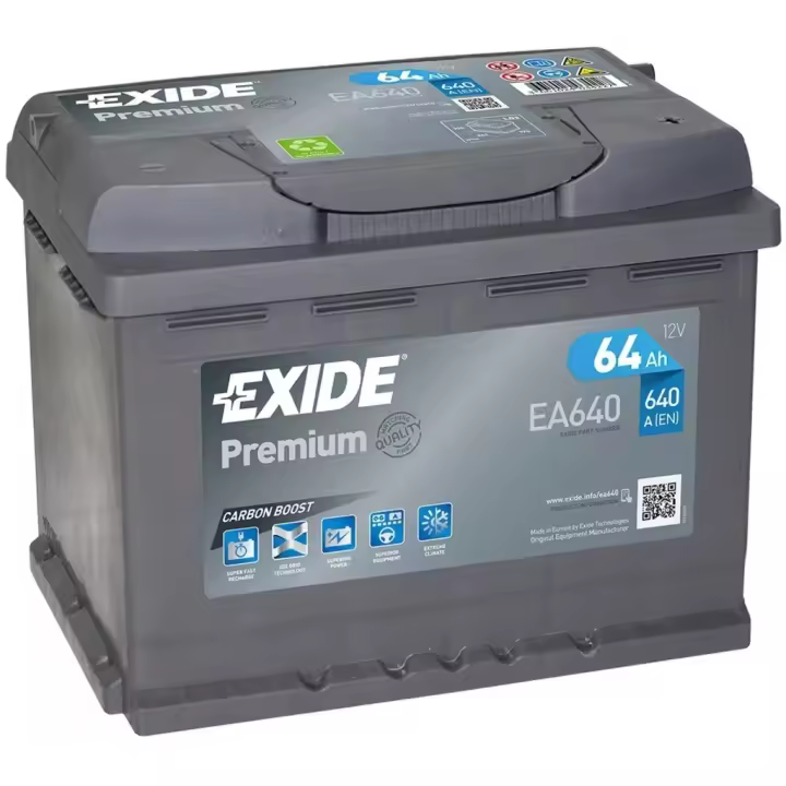 Batería de Coche Exide EA640 Premium Carbon Boost 12V 64Ah 640A - Alta Potencia y Fiabilidad - 1