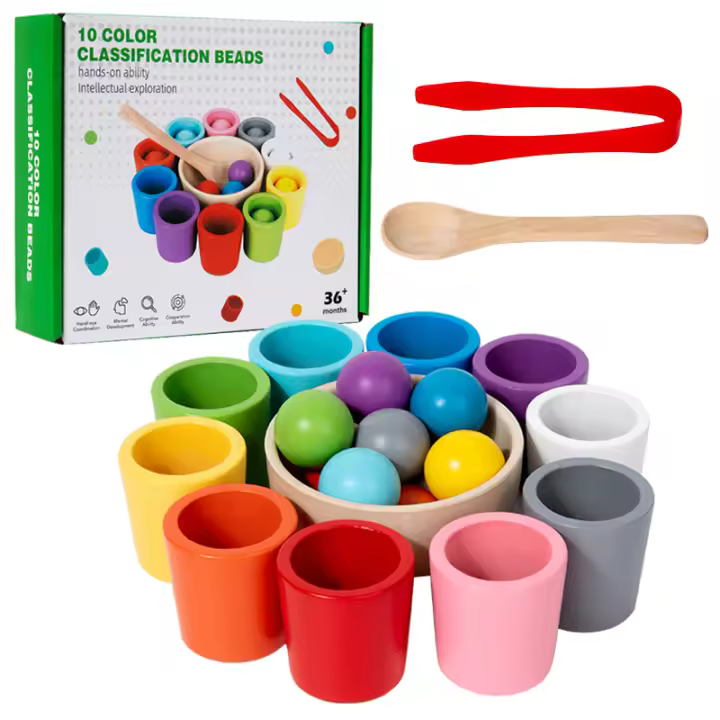 Juguete Montessori De Madera Juego De Colores Y Alineación Con Bolas Arcoíris En Copas Educación Temprana Para Niños De Preescolar Edad 3+ - 1