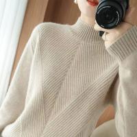 Abrini Suéter De Lana Mujer Otoño Invierno Vestido Elegante Lady Office Mock Neck Ribbed Solido A-Line Pullover De Cuello Alto - details 7