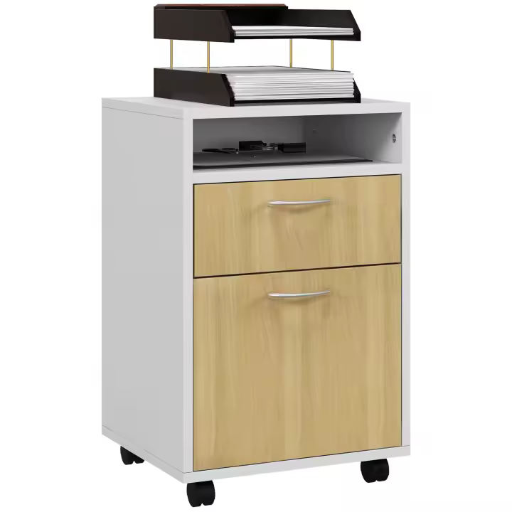 HOMCOM Cajonera de Oficina Móvil con Cajón y Gabinete Mueble Archivador con Ruedas Soporte de Impresora para Estudio 40x35x60 cm - 1