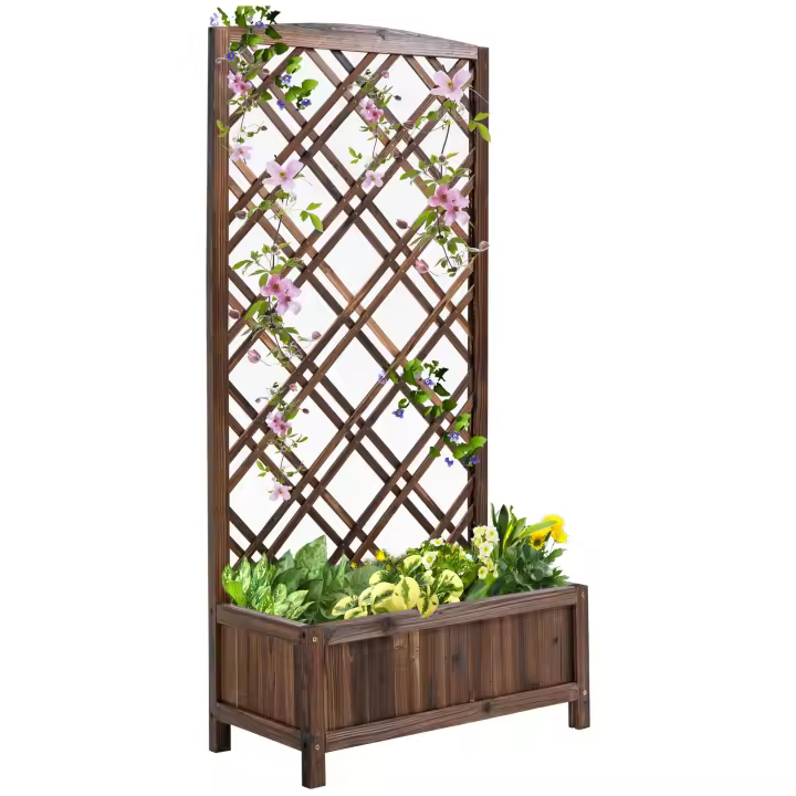 Outsunny Jardinera con Enrejado Jardinera con Celosía de Madera Macetero con Soporte para Trepadora Cultivos Plantas en Exterior Terraza Jardín Balcón 60x30x122,5 cm Natural - 1