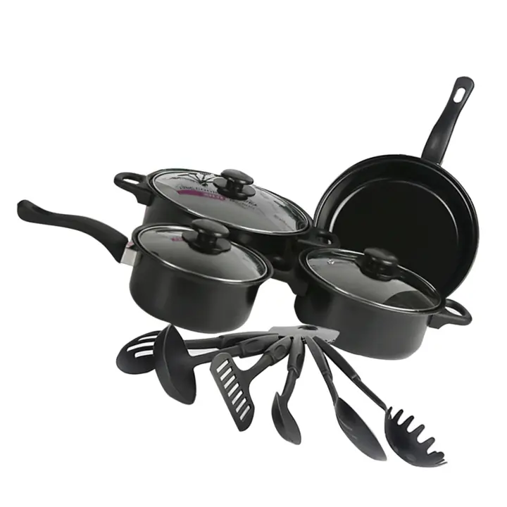 Juego de herramientas y sartenes, juego de utensilios de cocina antiadherentes de 13 piezas, juego de utensilios de cocina de inducción con sartenes, cacerollas y ollas, color negroOtros accesorios para barbacoa y placa - 1