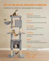 Árbol Grande para Gatos de 201 cm, Rascador Multinivel con Plataforma, Cesta, 2 Casas y 2 Hamacas, Color Gris Claro - details 2