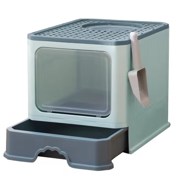 Caja de arena para gatos con bandeja extensible, caja de arena para gatos con puerta doble portátil plegable - 1
