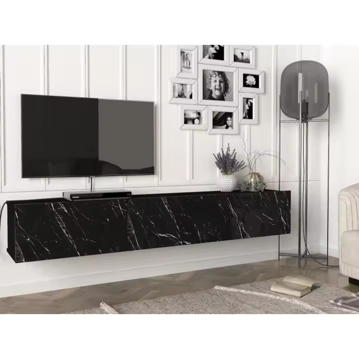 Vente-unique - Mueble TV suspendido con 3 puertas - Efecto mármol negro - VIKILA - 1