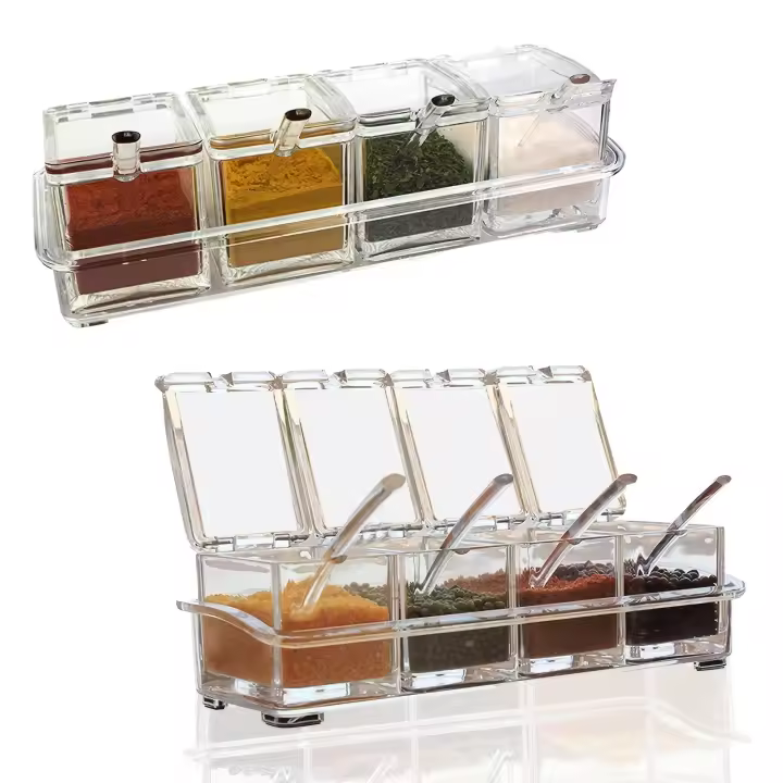 Juego De 4 Cajas De Condimentos Transparentes Con Cuchara Soporte De Especias Para Pimienta Y Condimentos Almacenamiento De Jarra De Cristal - 1