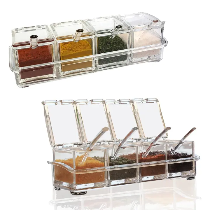 Juego De 4 Cajas De Condimentos Transparentes Con Cuchara Soporte De Especias Para Pimienta Y Condimentos Almacenamiento De Jarra De Cristal - 1
