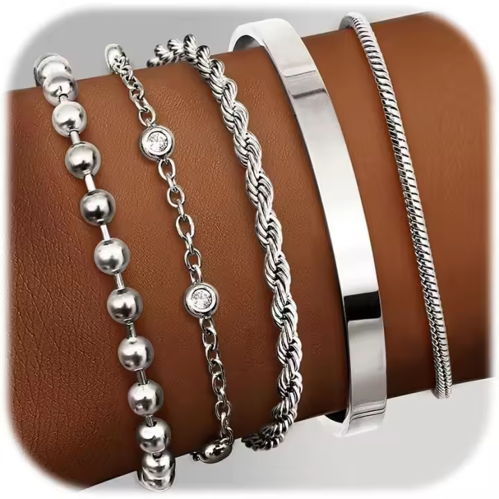 5Pcs Pulsera Mujer Maple Inoxidable Pulseras Chapadas en Oro de 14K Apilables Pulseras de Cadena de CZ Pulsera Ajustable Impermeable Pulseras de Oro y Oro Rosa Pulseras de Plata para Mujer - 1