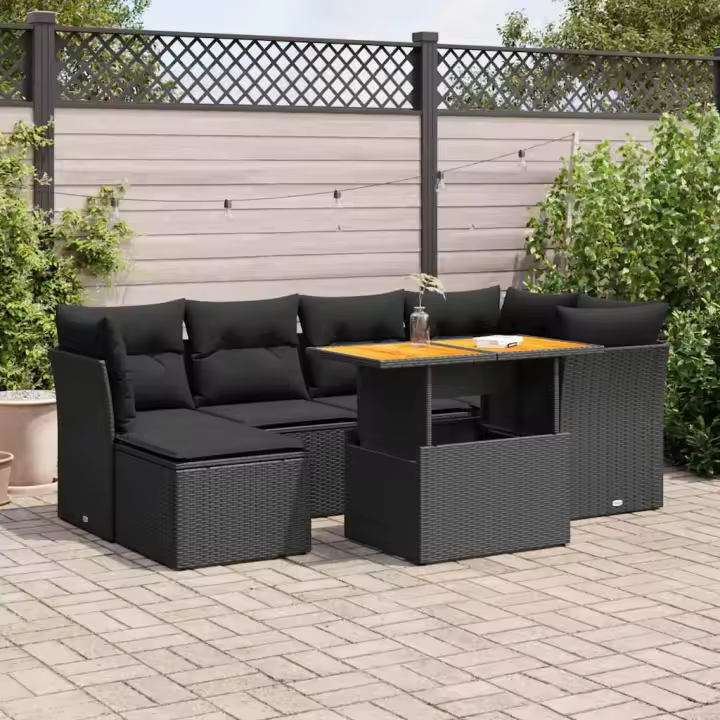 vidaXL Set de sofás de jardín 7 pzas con cojines ratán sintético negro - 1