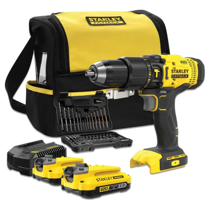 STANLEY SFMCD711DSA-QW - Taladro percutor V20 18V + 2 baterías 2AH + cargador + bolsa transporte + set de 50 accesorios - 1