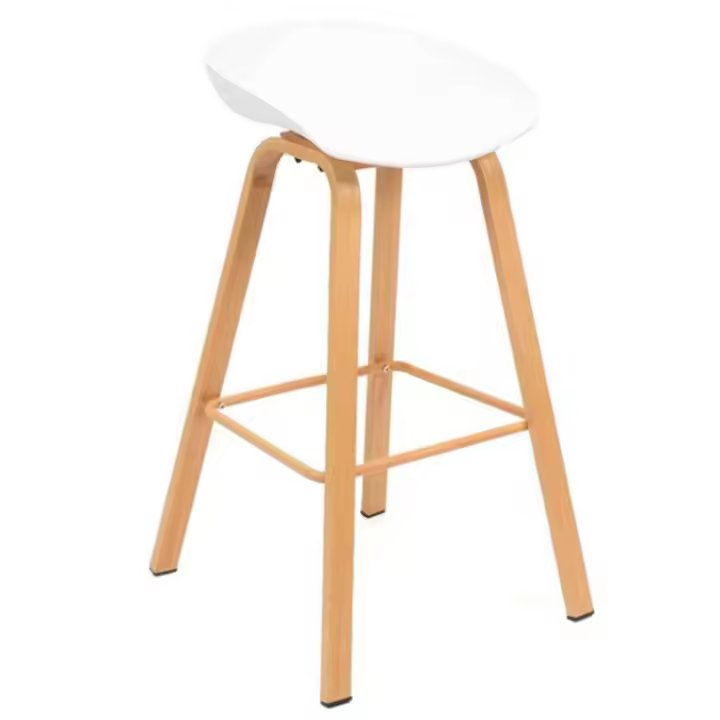 Tradineur - Taburete de madera, asiento de plástico, incluye reposapiés y conteras antideslizantes, banqueta para interior, cocina, bar, cafetería, hogar (Blanco, 86 x 52 x 47 cm) - 1