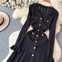 YuooMuoo Vestido Maxi Tejido Otoño Invierno Mujer Elegante V-cuello Botones Cintura Delgada Volantes Suéter Vestido Fiesta - details 13