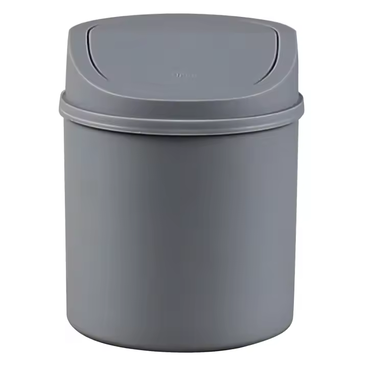 Mini bote de basura de plástico para escritorio con tapa abatible, color gris - 1