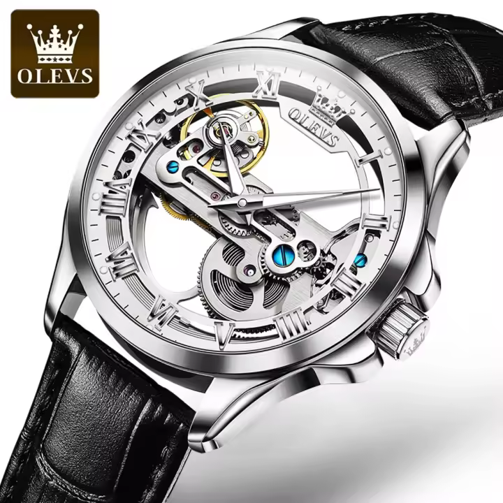 Reloj De Pulsera Automático Para Hombre OLEVS Lujo Diseño De Esqueleto Resistente Al Agua Con Correa De Cuero Adecuado Para Negocios - 1