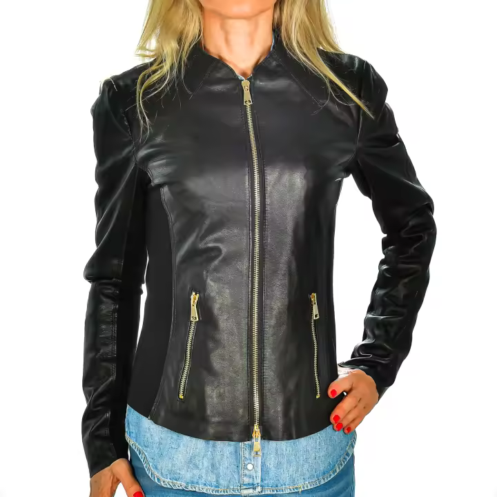 Firenze Artegiani. Chaqueta entallada de mujer de piel auténtica  Negro. - 1