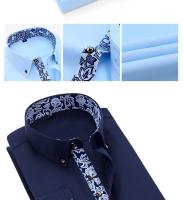 Camisa De Punto De Lujo Para Hombre Azul Y Blanco Con Estampado De Color Sólido Cuello En V Manga Larga Ajustada Casual Negocios Antideslizante Algodón - details 7