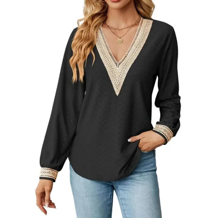 Camiseta Elegante De Talla Grande Para Mujer Con Encaje Y Patchwork V-Neck Manga Larga Color Sólido Moda Casual