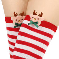 Novena Medias Navideñas Decorativas De Muñeca Calcetines De Pierna Sobre La Rodilla Estampado De Ciervo Y Rayas Para Mujer - details 3