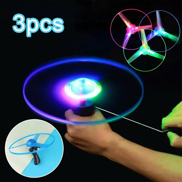 3 unids iluminación LED Flying Disc Propeller helicóptero juguetes pull cadena platillo volante UFO trompo juguete niños diversión al aire libre juego - 1
