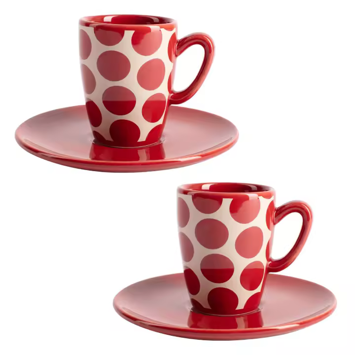 Set de 4pc café (2 tazas de 75ml + 2 platos de color solido) Stoneware de topos rojos - 1