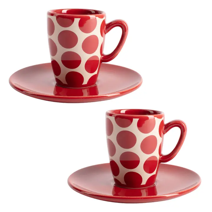 Set de 4pc café (2 tazas de 75ml + 2 platos de color solido) Stoneware de topos rojos - 1