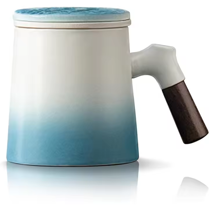 Tazas de Té Azules y Blancas con Asa de Madera Taza de Té de Cerámica con Infusor y Tapa Taza para Infusionar Té de Hojas Sueltas - 1