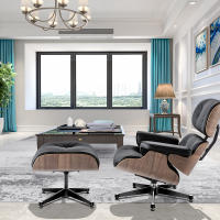 TY303 Classic Recliner Light Walnut Armchair Black Cowhide Black Big Head Foot Swivel Deck Chair Lounge Chair Furniture - details 4