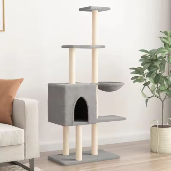 vidaXL Rascador para Gatos con Postes de Sisal Árbol Torre 145 cm Color Crema,  Gris claro,  Gris oscuro y mas - 1