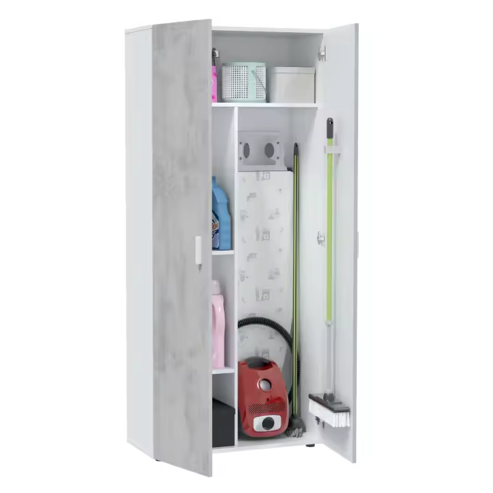 Armario multiusos alto 2 puertas mueble auxiliar color blanco Artik y gris cemento almacenaje 182x80x37 cm - 1