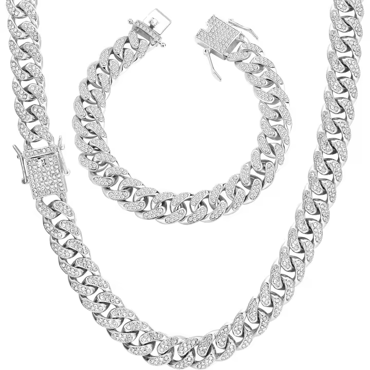 Cadena Cubana Miami Cadena Cubanos Collar y Pulsera Oro Plata Hip Hop Aleacion Gargantilla Rapero Collar para Hombres Rock Rapero Música Ropa de CalleNecklaces and PendantsAccessories & Gifts - 1