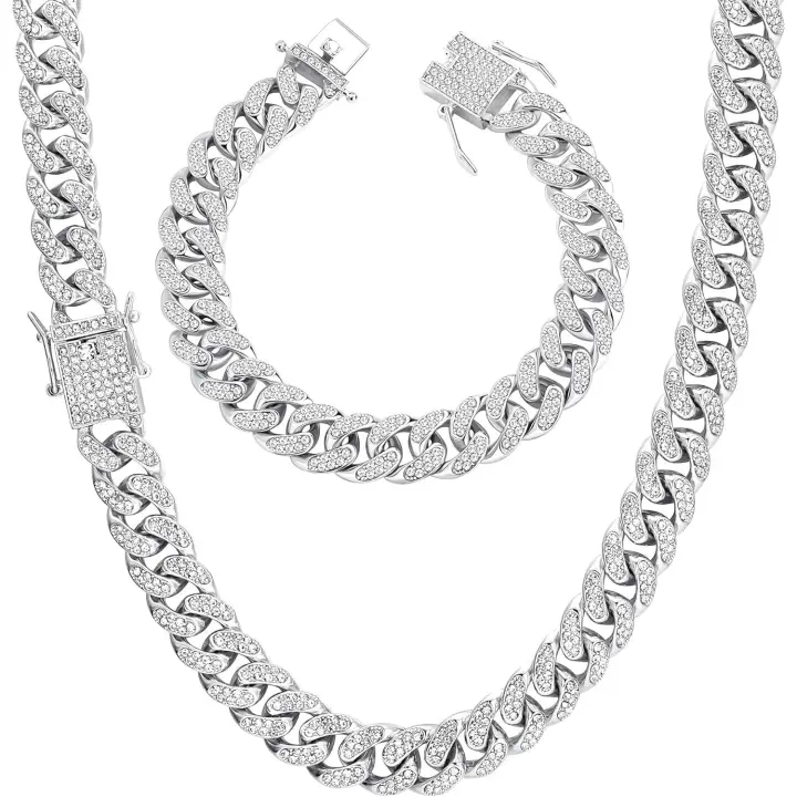 Cadena Cubana Miami Cadena Cubanos Collar y Pulsera Oro Plata Hip Hop Aleacion Gargantilla Rapero Collar para Hombres Rock Rapero Música Ropa de CalleNecklaces and PendantsAccessories & Gifts - 1
