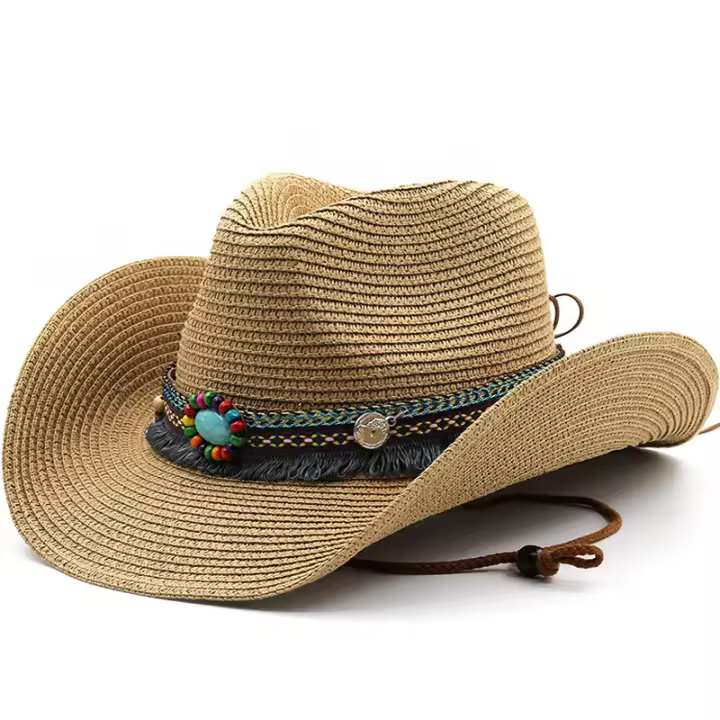 Sombreros De Cowboy De Paja Para Hombres Y Mujeres Protección Solar Estilizado En Denim Estilo Étnico Para La Playa De Primavera Y Verano - 1