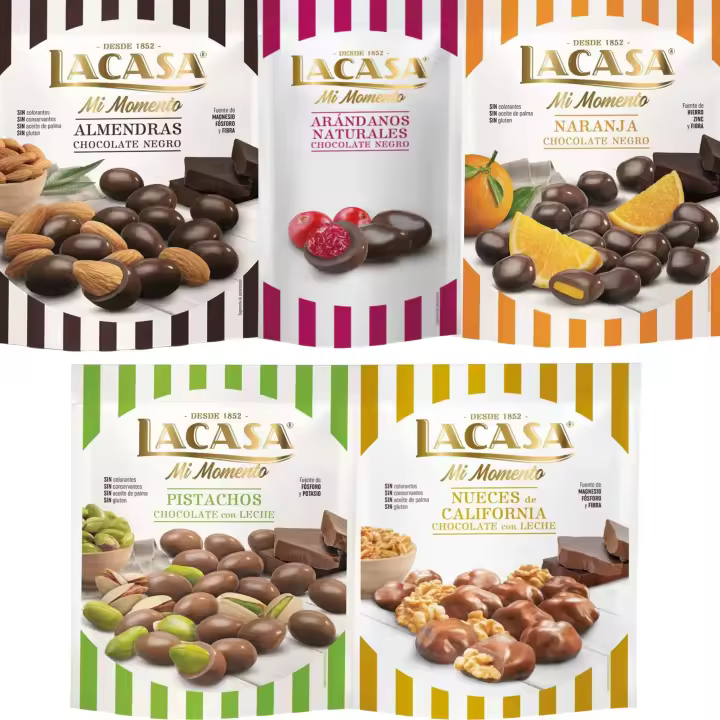 Lacasa Mi Momento pack de 5:Arándano choco Negro 60G,Nueces Leche 115G,Almendra choco Negro 125G,Naranja choco Negro 125G,Pistacho Leche 100G - 1