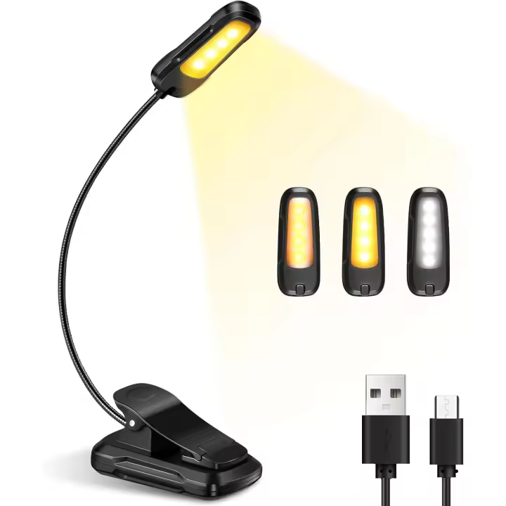 Luz Lectura, Lampara Libro Lectura USB Recargable, Luz para Leer con 3 Modos de Luz (Blanco/Cálido/Blanco Cálido), Batería de Larga Duración para Leer Libros en la Cama, Viajes - 1