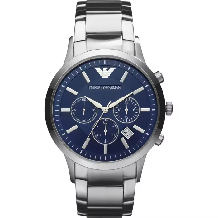 Emporio Armani Reloj hombre AR2448, cronógrafo de cuarzo, esfera azul, brazalete de acero, fecha, 5 ATM, Incluye Caja Original, Diámetro: 43MM - 1