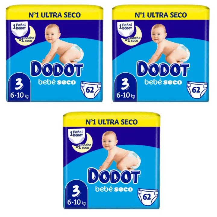 DODOT Bebé Seco Pañales Talla 3 (6-10kg) 62 unidades Caja 3 Bolsas Total 186 Pañales - 1