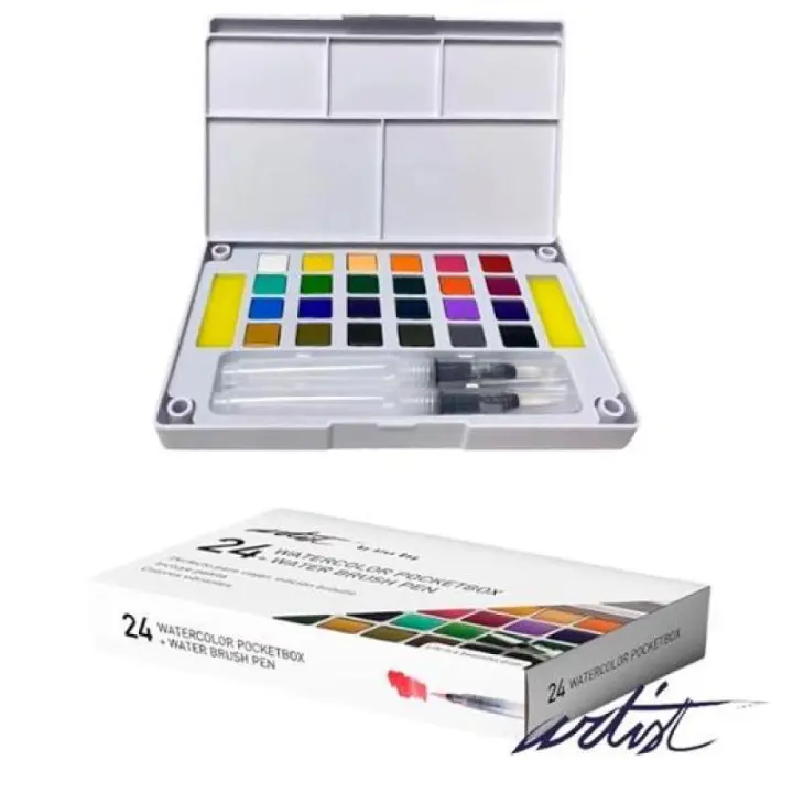 Acuarelas Estuche Compacto De 24 Colores + 2 Pinceles Rellenables Agua Para Acuarelas - Acuarelas Paleta Incluida - Alex bog - 1