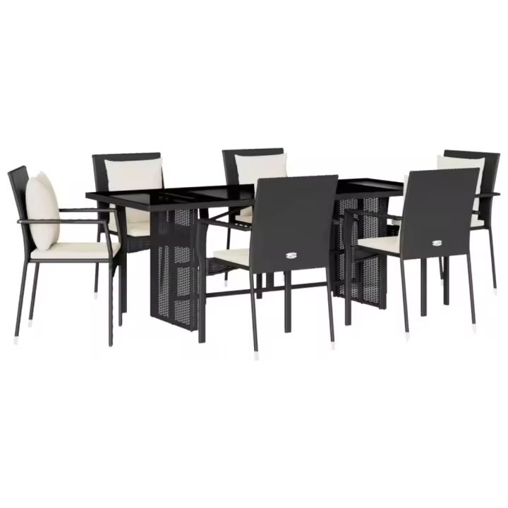 vidaXL Set de comedor de jardín 7 pzas y cojines ratán sintético negro - 1