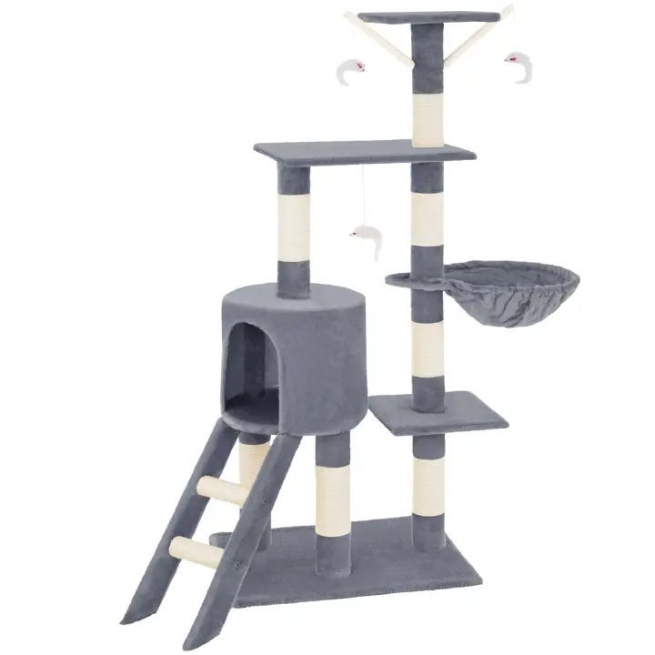 Tectake - Rascador para gatos Dominik, Altura de 144 cm, Con una caseta para gatos, Zona para tomar el sol y mirador, Incluye sistema de protección antivuelco, Incluye escaleras y 3 ratones de juego - 1