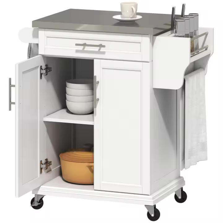 HOMCOM Isla de Cocina Mueble Auxiliar de Cocina Moderno Mueble Buffet Auxiliar con 4 Ruedas 1 Cajón 1 Toallero 1 Especiero y Estante Ajustable 83,5x45,7x90,5 cm Blanco - 1