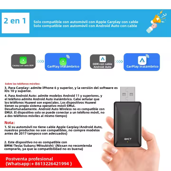 Adaptador 2en1 Wireless Android Auto Carplay Para iPhone Y Android Compatible Con Benz Audi Kia Chery Jeep Volvo Peugeot MG Porsche - 1