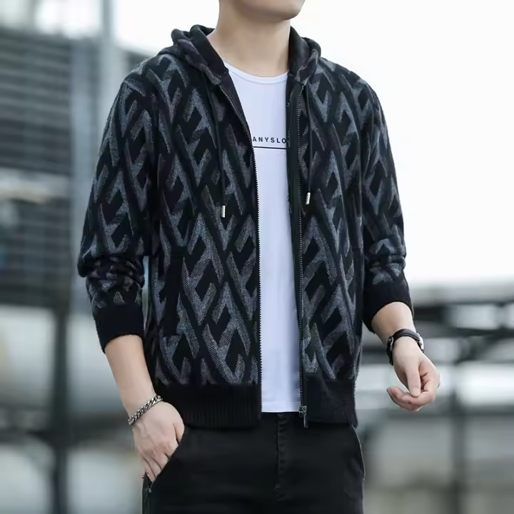 Nueva Chaqueta De Suéter Para Hombres 2024 De Alta Calidad Y Gruesa Para Otoño E Invierno Abrigo Cardigan Tejido Casual Cierre De Cremallera Estilo V Sin Capucha - 1