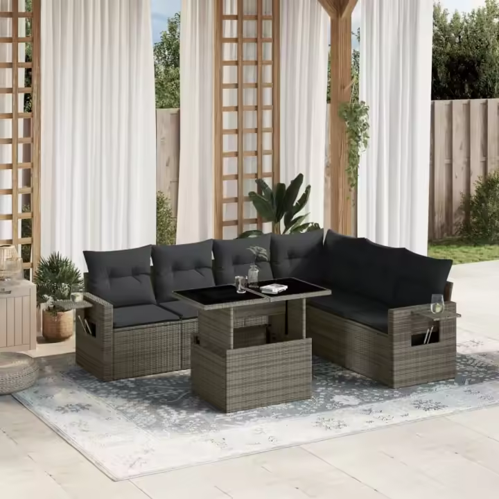 vidaXL Set de sofás de jardín 7 pzas con cojines ratán sintético gris - 1