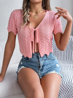 Cardigan De Punto Para Mujer Verano Otoño Ligero De Visón Manga Corta Cuello Redondo Estilo Casual Color Sólido Con Agujeros - details 11