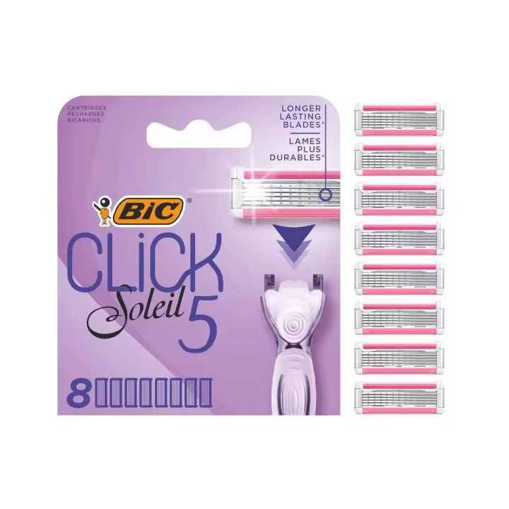 BIC Click5Soleil, Recargas de Maquinillas para Mujer, 5hojas y Banda Enriquecida con Aloe Vera - Caja de 8Recargas - 1