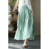 Falda A-Line De Lino Verde Casual Para Mujer Cintura Alta Elástica Longitud Media Pierna Izquierda Moda Primavera 2025 - details 1